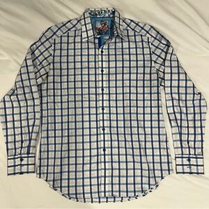 Robert Graham Shirt Mens Medium Blue White Plaid Flip Cuff Button Front Casual